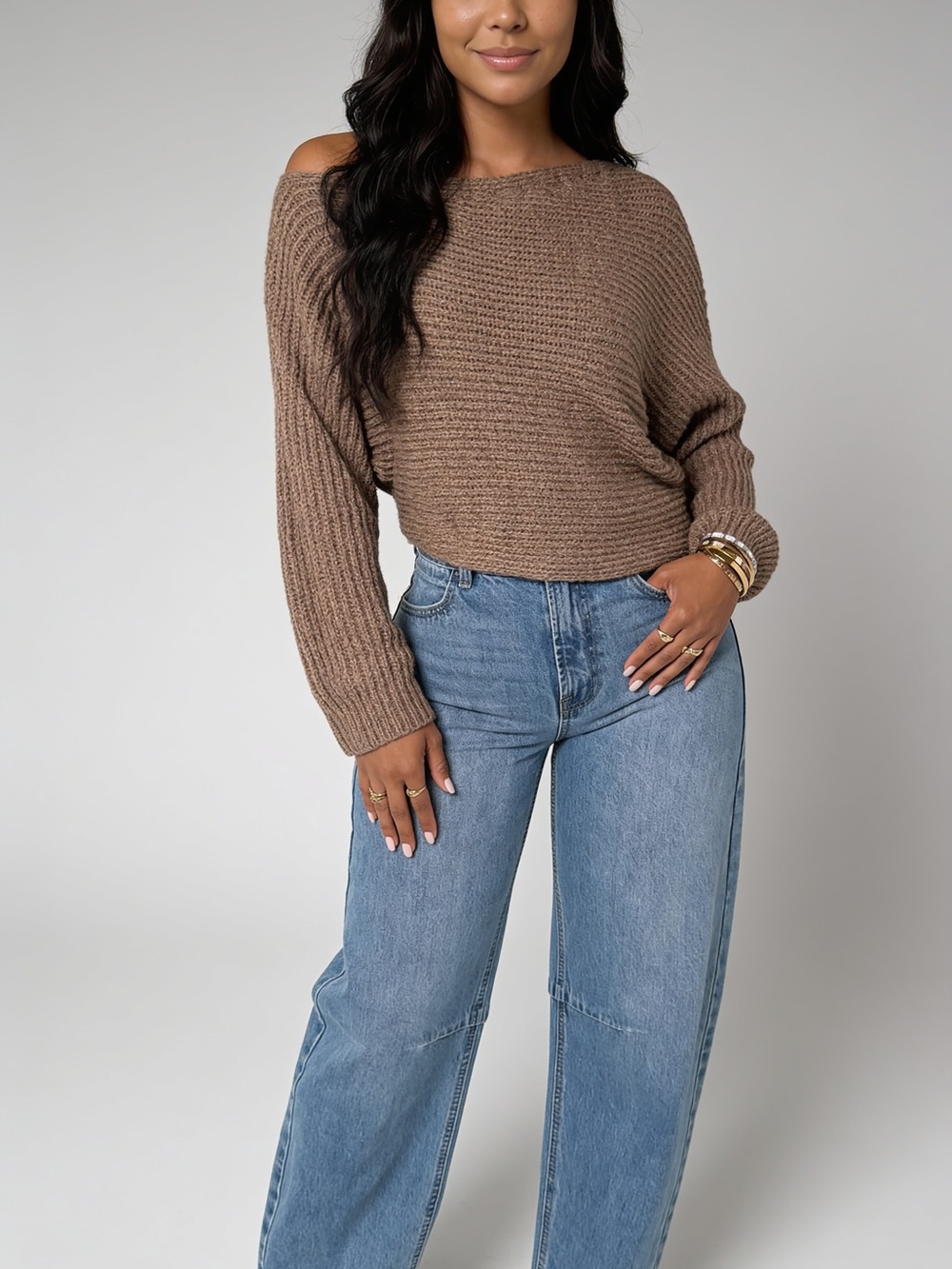 Fashion Nova Taupe Off-the-Shoulder Knit Sweater